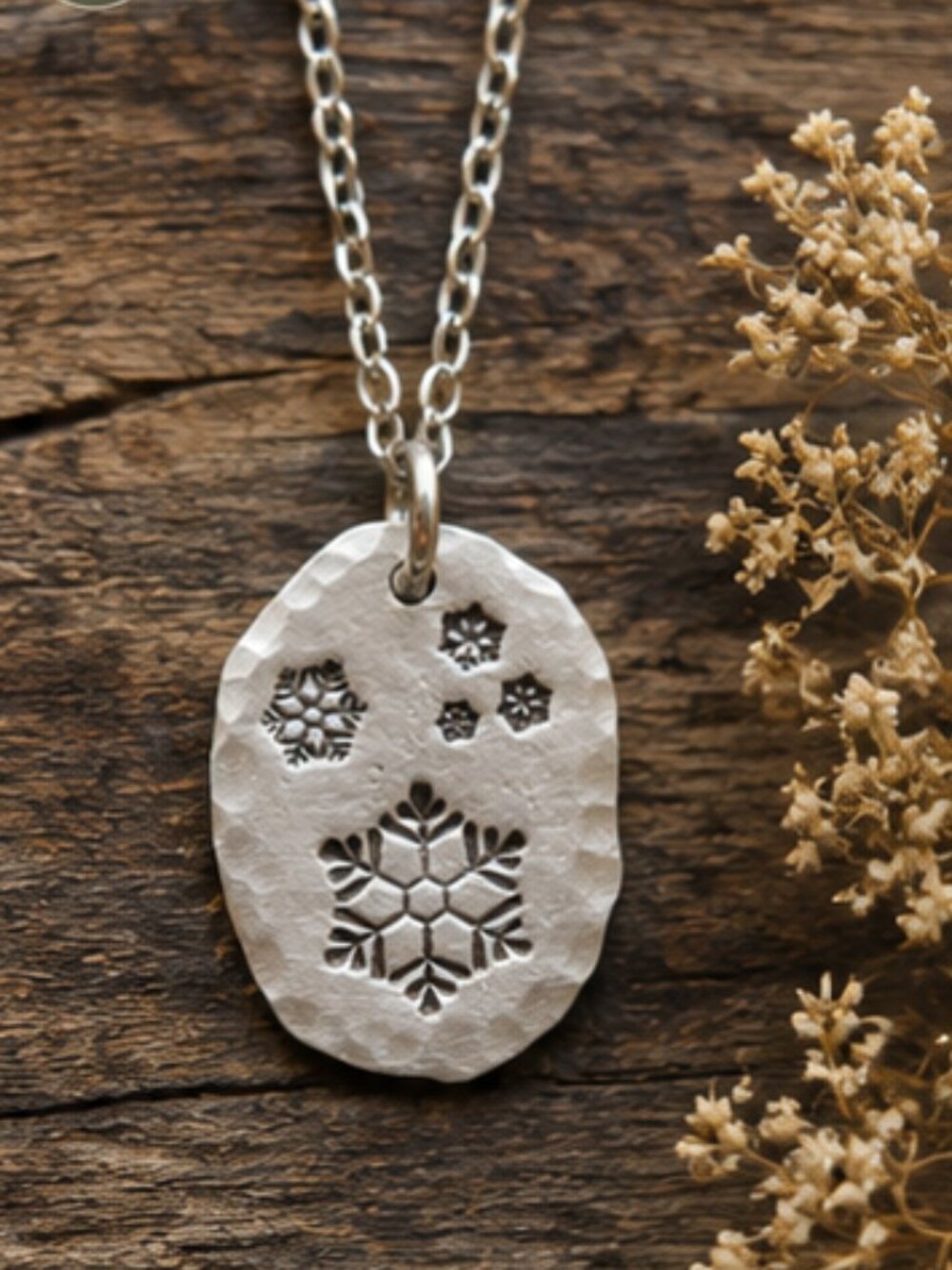 Hand Stamped Pewter Snowflake Necklace | Rustic Winter Jewelry